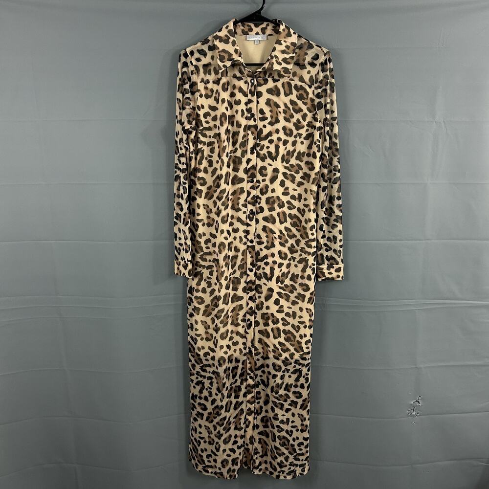 Anatomie Dress Medium Colette Mesh Overlay Maxi Shirtdress Leopard Travel Chic